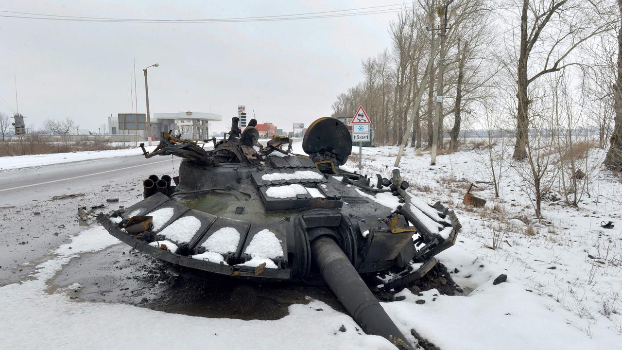 A destroyed Russian tank on the outskirts of Kharkiv on February 26, 2022. Picture: Sergey Bobok/AFP