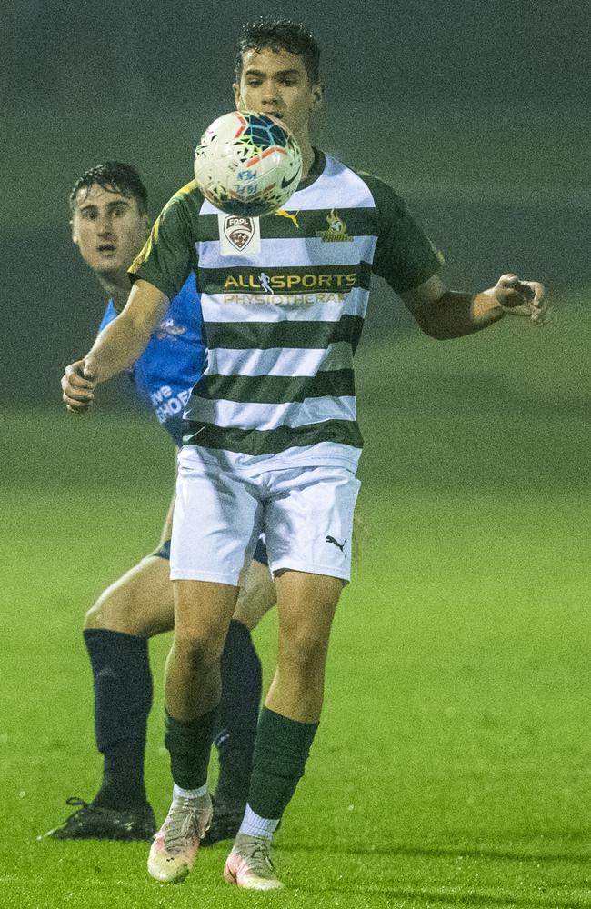 Western Pride striker Isaac Davey controls the ball. Picture: Kevin Farmer