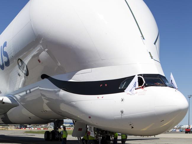 The Airbus BelugaXL taxis after successfully completing its first fligh at Toulouse-Blagnac airport, in Toulouse, southern France, Thursday, July 19, 2018. The flight will kick off a 10-month flight test certification campaign leading to planned service entry in 2019. (AP Photo/Frederic Scheiber)