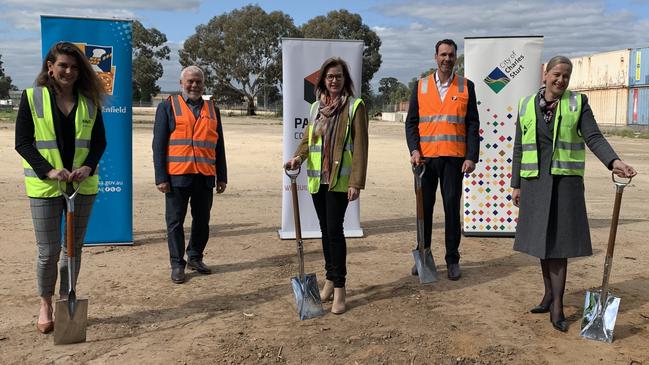 City of Port Adelaide Enfield Mayor Claire Boan, Pascale Construction owner Fred Pascale, Central Adelaide Waste and Recycling Authority board member Catherine Cooper, Pascale Construction managing director Richard Zanchetta and City of Charles Sturt Mayor Angela Evans at the site of a new $24m Materials Recovery Facility, which will allow the councils to process and dispose of their own recyclable material.