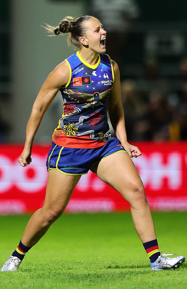 Danielle Ponter celebrates a goal during the 2024 AFLW Round 09 match between Kuwarna (Adelaide Crows) and the North Melbourne Tasmanian Kangaroos. Picture: Sarah Reed/AFL Photos via Getty Images.