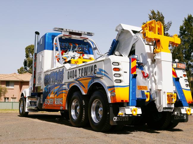 Heavy vehicle recovery tow truck driver Barry Hunt's new Kenworth T604 tow truck, photographed at Smithfield in Sydney.