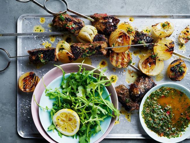 Chermoula rump cap skewers with pickled onion.