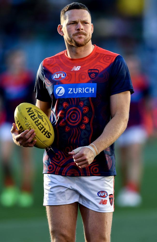 Steven May of the Demons during warm-up in Round 4. Picture: Mark Brake/Getty Images.