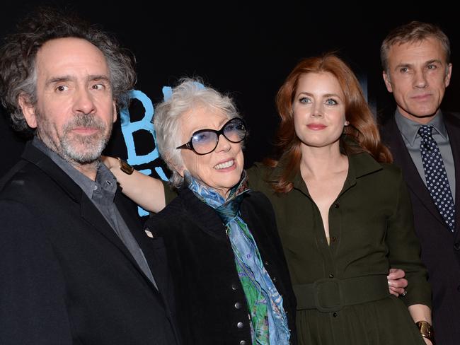 New movie ... Tim Burton with, from left, Margaret Keane, Amy Adams and Christoph Waltz at the premiere of his new movie Big Eyes. Picture: Evan Agostini/AP