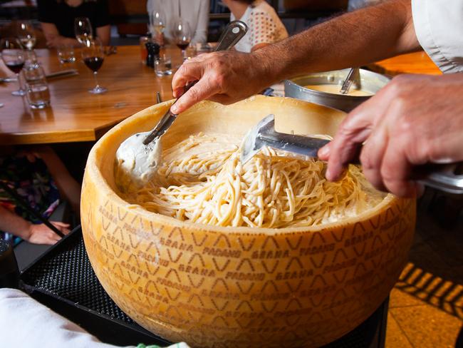 Cheese wheel pasta at Il Gancio, Toombul