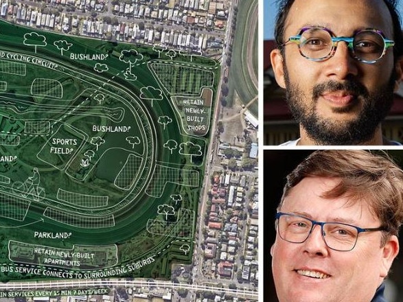 Greens lord mayoral candidate Jonathan Sriranganathan (top right) is campaigning to turn Eagle Farm racecourse into a social housing development, angering Racing Queensland boss Jason Scott (bottom right). Pictures: File