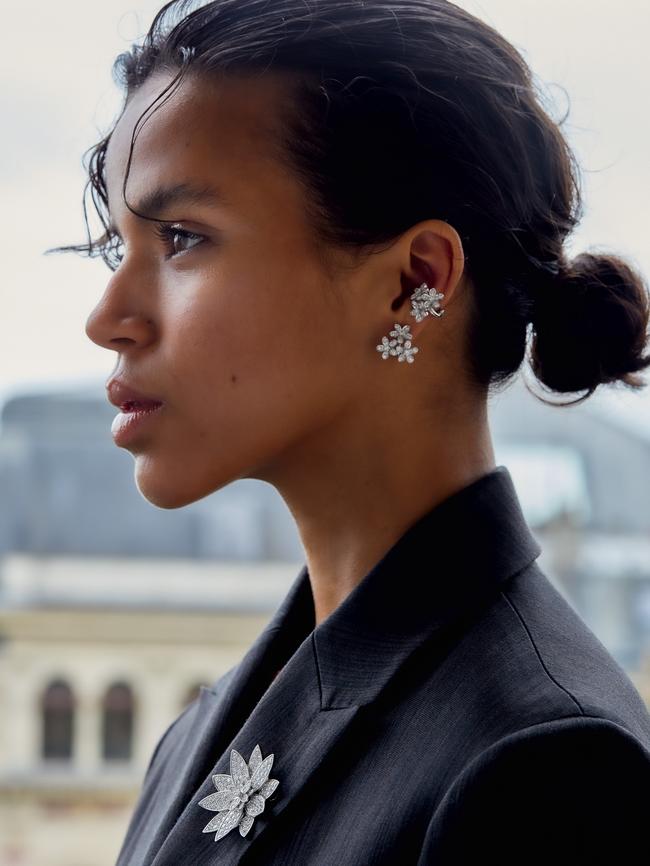Photo: Holly Gibson; styling: Emma Kalfus; fashion: Hermès blazer, Van Cleef & Arpels white gold and diamond Socrate Flower earrings, and white gold and diamond Lotus clip pendant (worn as brooch).