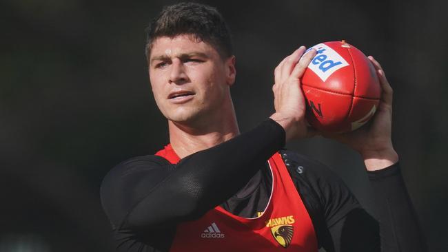 Jonathon Patton of the Hawks marks the ball during an AFL Hawthorn Football Club training session at The Ricoh Centre in Mulgrave, Wednesday, June 3, 2020. (AAP Image/Michael Dodge) NO ARCHIVING