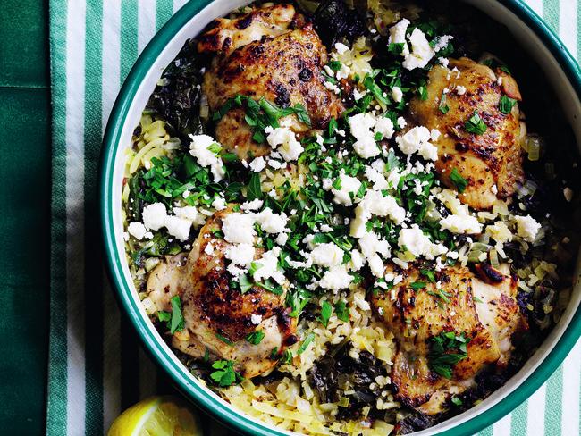 EMBARGO FOR TWAM, 26 OCTOBER 2024. FEE MAY APPLY. One-pan Greek chicken and rice. Everyday Eats, by Jasmin Weston, published by Plum, RRP $39.99, photography by Ben Dearnley