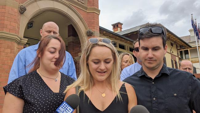 Mr Smith’s daughters Jaimee Smith and Kailah Fraser with Mrs Fraser’s husband, Travis, outside Wagga Courthouse after the victim impact statements were delivered. Picture: Toby Vue