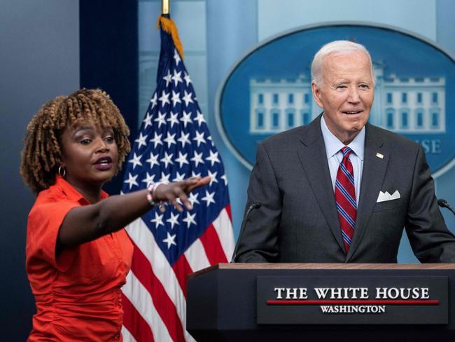 White House Press Secretary Karine Jean-Pierre (L) fields a question for US President Joe Biden during the daily press briefing at the White House in Washington, DC, on October 4, 2024. (Photo by ANDREW CABALLERO-REYNOLDS / AFP)