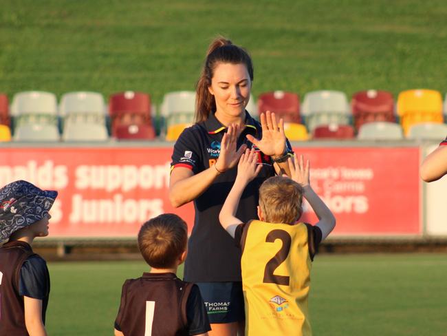 Some of Adelaide Crows AFLW superstars ran the AFL Cairns AusKick clinic at Cazalys Stadium during their four day training camp in Far North Queensland. Picture: Jake Garland