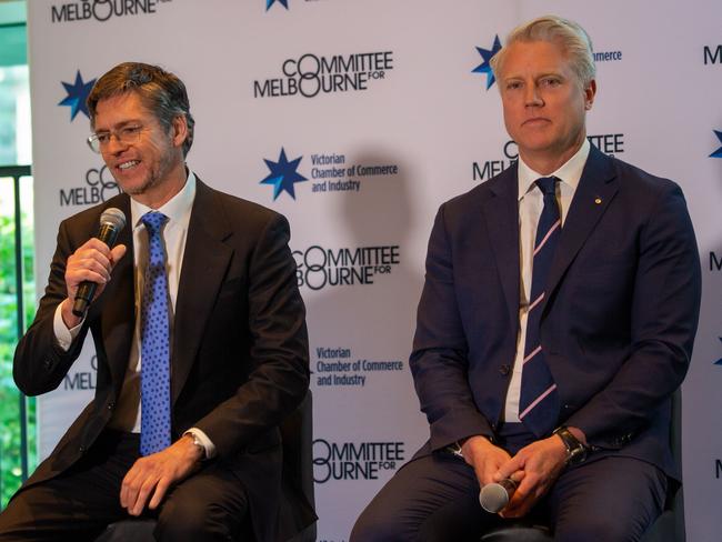 Lord Mayor Nick Reece (left) and Arron Wood at the VCCI lord mayoral breakfast forum at Crown. Picture: Jessica Hooper