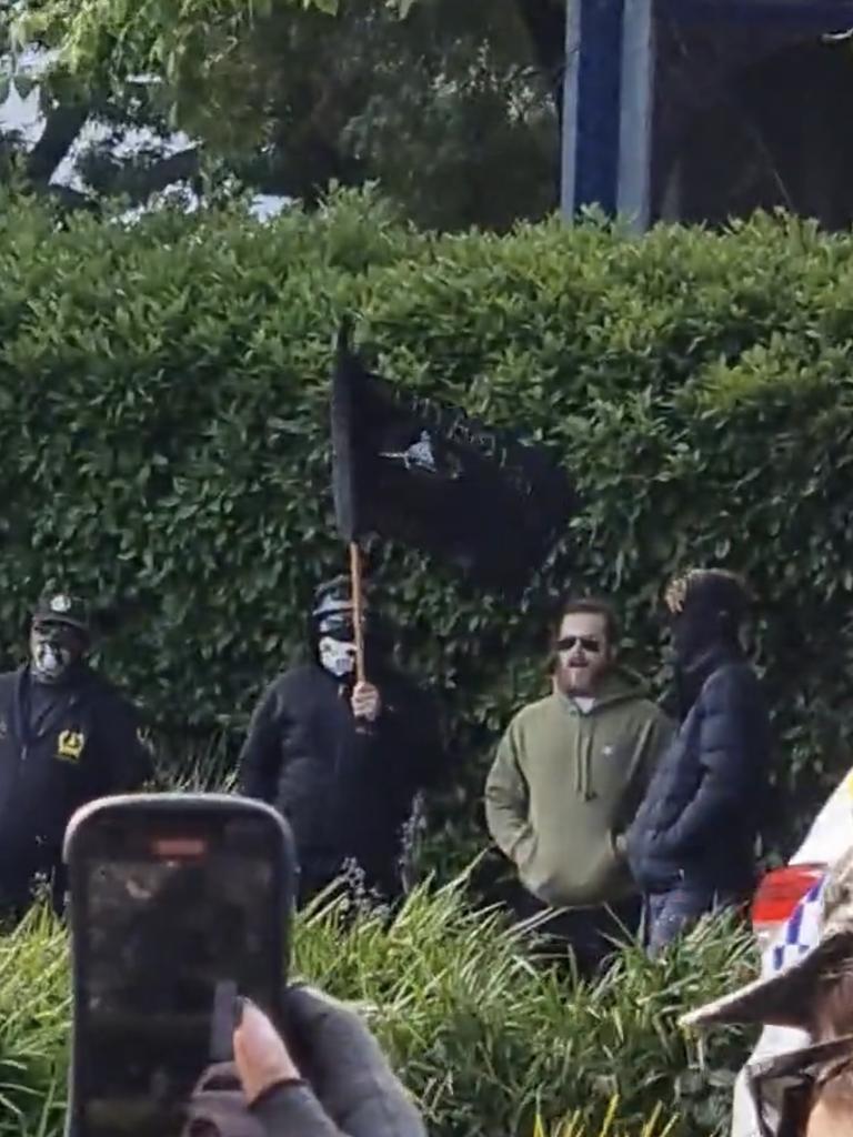 Proud Boys protestors at the Victorian Pride Centre, St Kilda. Source: @AnakbayanMel