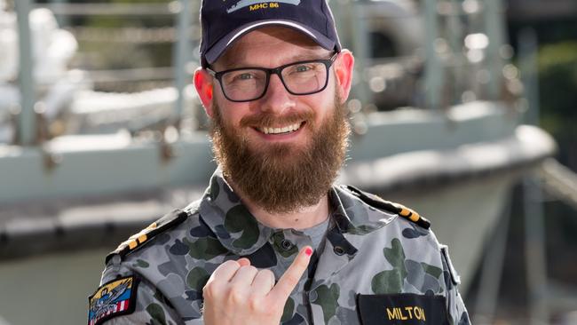 Royal Australian Navy officer, Lieutenant Maritime Warfare Officer Jonathan Milton, painted his pinky fingernail in support of gender equality campaign, 100 Days For Change.