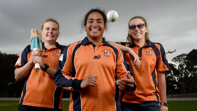 Northern Districts cricketers Sam Betts, Tabatha Saville and Darcie Brown after making centuries in their side’s Australian 50-over record score of 3/596 against Port Adelaide on Sunday. Picture: Naomi Jellicoe