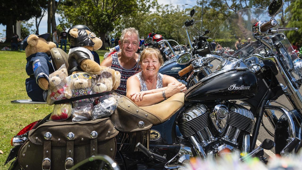 Stephen and Leone O'Neill with the bears and soft toys on their Indian Motorcycle to be donated after the Toowoomba Toy Run hosted by Downs Motorcycle Sporting Club, Sunday, December 18, 2022.