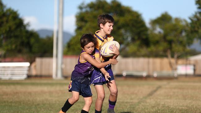 Edmonton Storm junior players Slayter Mcgrath and Jaxson Rayson won’t practice their tackles for while under the new changes. Picture: Brendan Radke