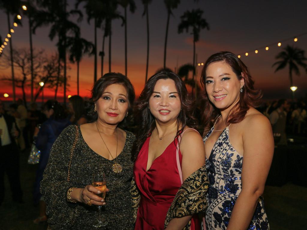 Hien Nguyen , Ivy Siu and Thuy Fong at the Great Northern Darwin Cup Gala Ball at Mindil Beach Casino Resort. Picture GLENN CAMPBELL