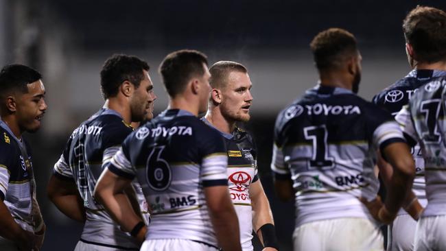 Cowboys players look dejected during the round six NRL match between the Wests Tigers and the North Queensland Cowboys at Campbelltown Stadium on June 20, 2020 in Sydney, Australia. (Photo by Mark Metcalfe/Getty Images)