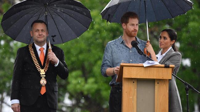 Cr Shields was rushed to hospital on March 31 and placed on life support, just days after several code of conduct complaints about him were made to Dubbo Regional Council. (Cr Shields is pictured alongside Prince Harry and Meghan Markle in Dubbo in 2018)