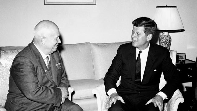 Then Soviet Premier Nikita Khrushchev and US President John F. Kennedy talk in the residence of the U.S. Ambassador in Vienna in 1961.