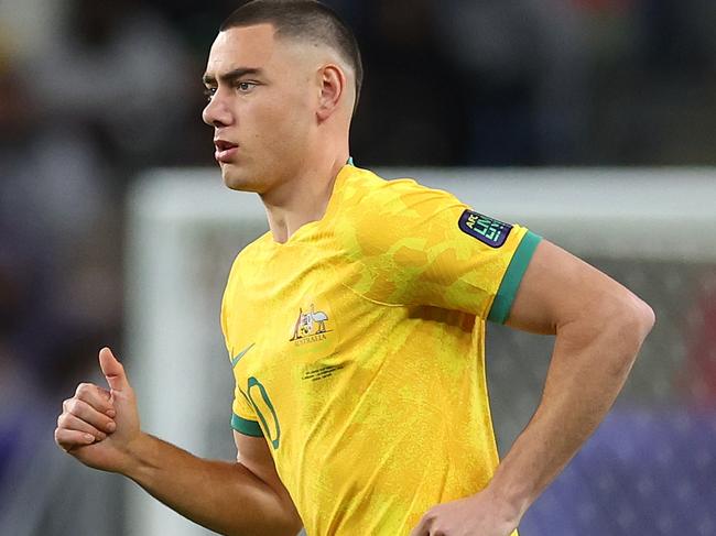 AL WAKRAH, QATAR - FEBRUARY 02: Lewis Miller of Australia during the AFC Asian Cup quarter final match between Australia and South Korea at Al Janoub Stadium on February 02, 2024 in Al Wakrah, Qatar. (Photo by Robert Cianflone/Getty Images)