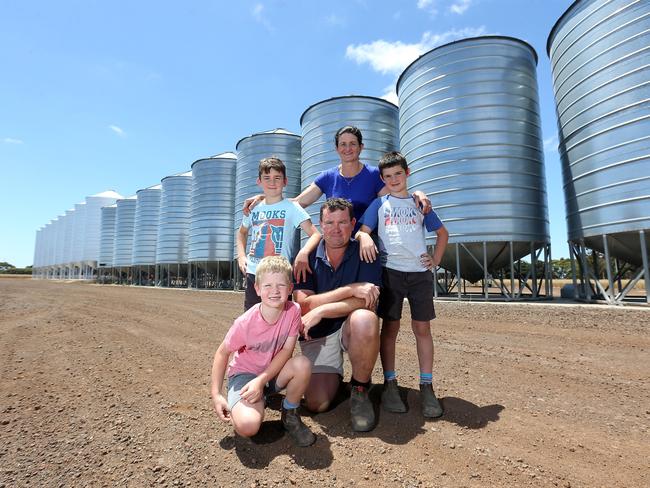 The Weekly Times Coles 2017 Farmers of the Year Matthew and Rachel Hinkley, from Derrinallum in Victoria, with their children William, 10, Thomas, 9, and Joel, 7.  Picture: Yuri Kouzmin