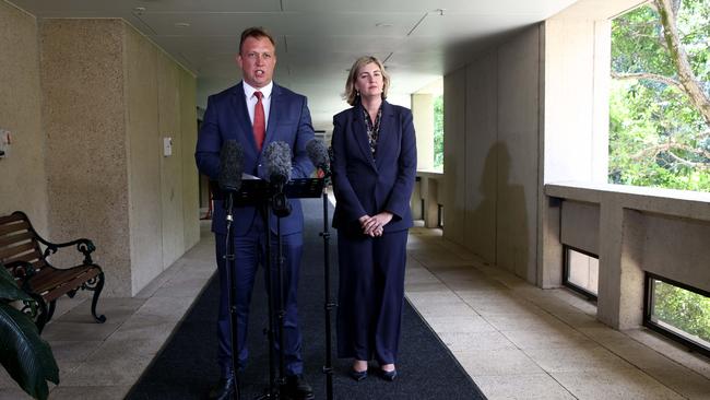 Opposition Leader Steven Miles and Shadow Treasurer Shannon Fentiman at a press conference last week following the release of a CCC report into Jackie Trad. Picture: David Clark