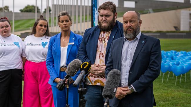 Luke Mitchell, prior to speaking on the front lawn of Parliament House, behind CEO at Youth Insearch Stephen Lewin. Photo: Supplied