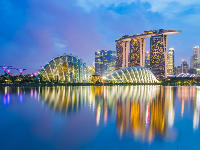Singapore skyline cityscape at night.