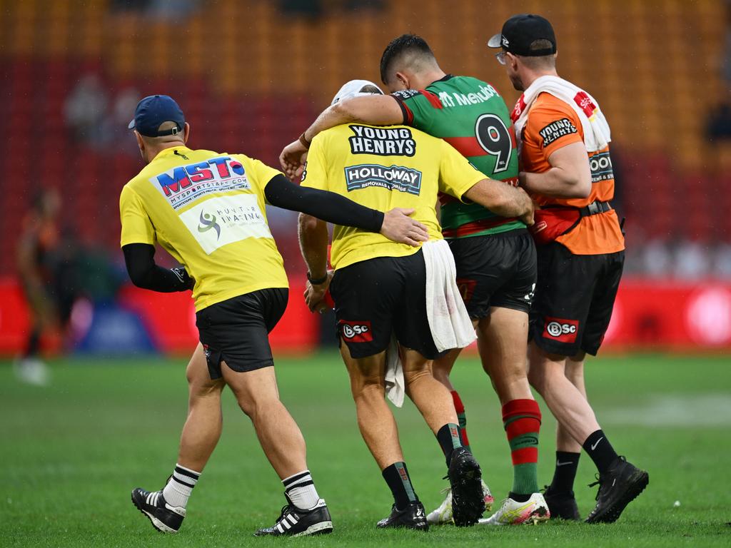 Peter Mamouzelos was in obvious distress after suffering a dislocated elbow. Picture: Getty Images