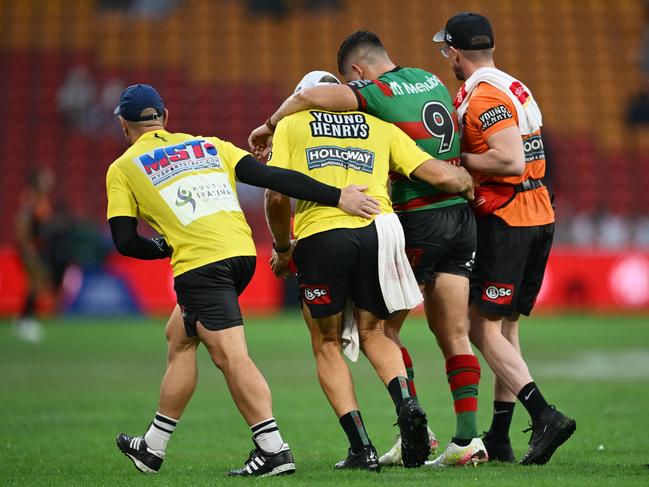 Peter Mamouzelos was in obvious distress after suffering a dislocated elbow. Picture: Getty Images