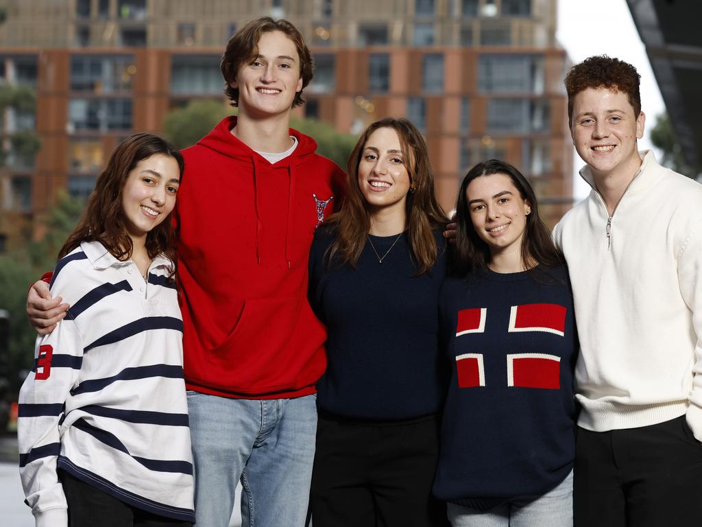 Students Mary Paxinos, 18, Charlie Punch, 19, Sarah Carroll, 19, Nicola Quintiliani, 21, and Lucas Diaz-McLaren, 18, think the goal of home ownership in Sydney is not feasible. Picture: Jonathan Ng