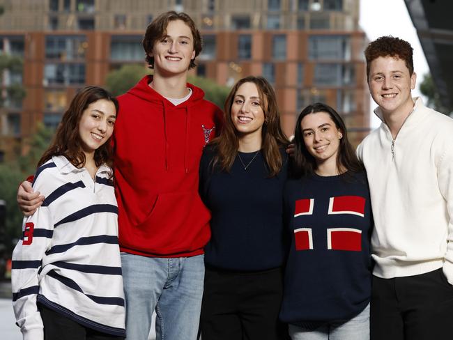Students Mary Paxinos, 18, Charlie Punch, 19, Sarah Carroll, 19, Nicola Quintiliani, 21, and Lucas Diaz-McLaren, 18, think the goal of home ownership in Sydney is not feasible. Picture: Jonathan Ng