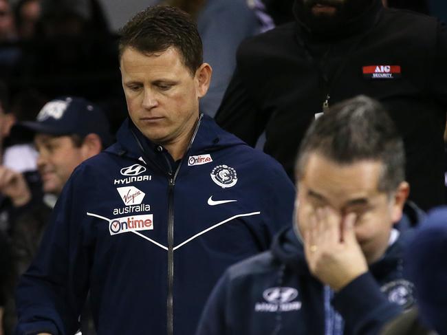 AFL Round 13. 16/06/2018. Carlton v Fremantle at Etihad Stadium.   Carlton coach Brendon Bolton heads down to the ground at 3 qtr time   . Pic: Michael Klein