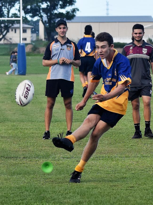 Best and fairest player of the tournament Brandon Hamilton-Kaurila slots a converts off his own try. Photographs from the Will Murdoch Perpetual Shield. The annual U14 rugby league competition, in its second year, involved Gilroy Santa Maria College, Ingham State High School and St Teresa's Catholic College Abergowrie. Picture: Cameron Bates