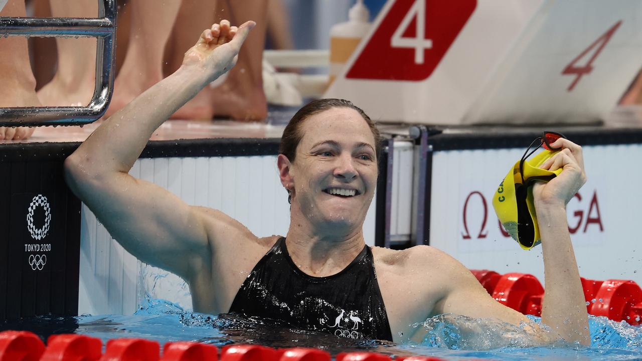 TOKYO, JAPAN - AUGUST 01: Cate Campbell of Team Australia reacts after winning the gold medal and breaking the olympic record for the Women's 4 x 100m Medley Relay Final on day nine of the Tokyo 2020 Olympic Games at Tokyo Aquatics Centre on August 01, 2021 in Tokyo, Japan. (Photo by Al Bello/Getty Images)