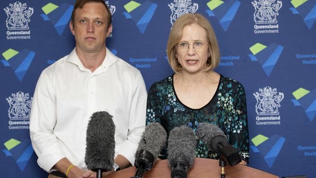 Queensland Health Minister Steven Miles and Chief Health Officer Dr Jeannette Young speak to media at a press conference after a Gold Coast woman was diagnosed with the coronavirus. Picture: AAP