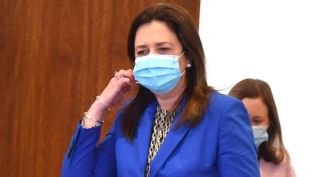 Premier Annastacia Palaszczuk walks into the media conference about the Covid update in Brisbane.Thursday July 8, 2021. Picture John Gass