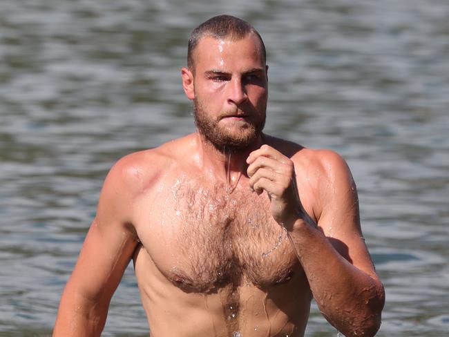 Gold Coast Suns open beach training session at Palm Beach on the Gold Coast. Jarrod Witts at Currumbin Creek. Picture Glenn Hampson.