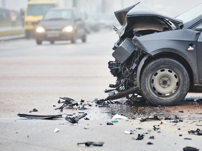 car crash accident on street, damaged automobiles after collision in city