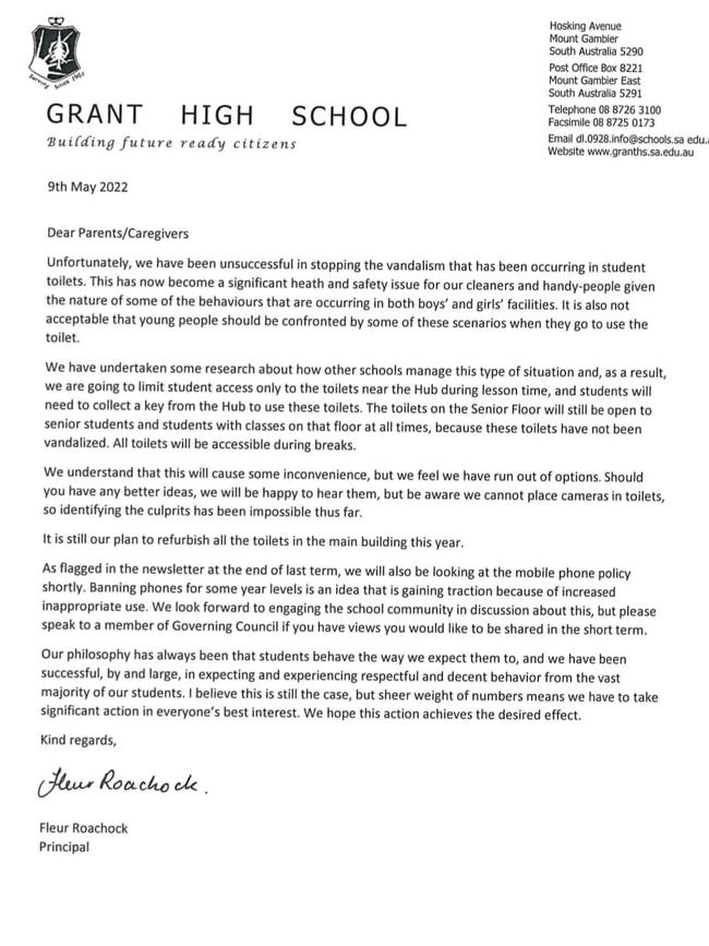 A letter to parents from May 2022 regarding Grant High School’s inability to stop vandals plastering toilets with excrement. Picture Supplied