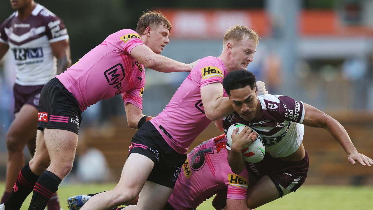 Lehi Hopoate (right) impressed for Manly. (Photo by Mark Metcalfe/Getty Images)