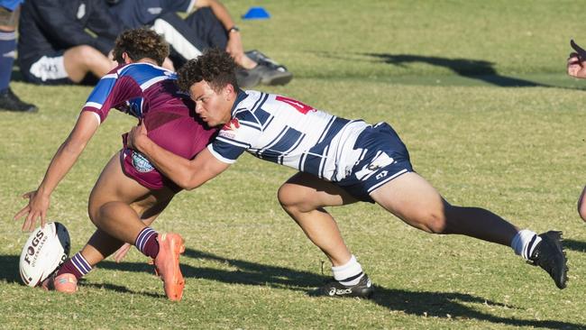 Blake Cesari lays the tackle on his Wavell opponent in the Langer Cup last year.