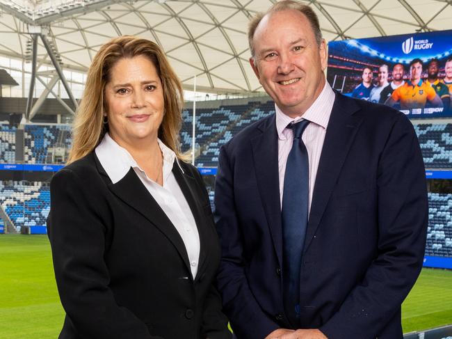 Nine chair Catherine West and World Rugby chairman Brett Robinson at the announcement of Nine and Stan Sport’s 2027 men's Rugby World Cup broadcast rights. Picture: World Rugby