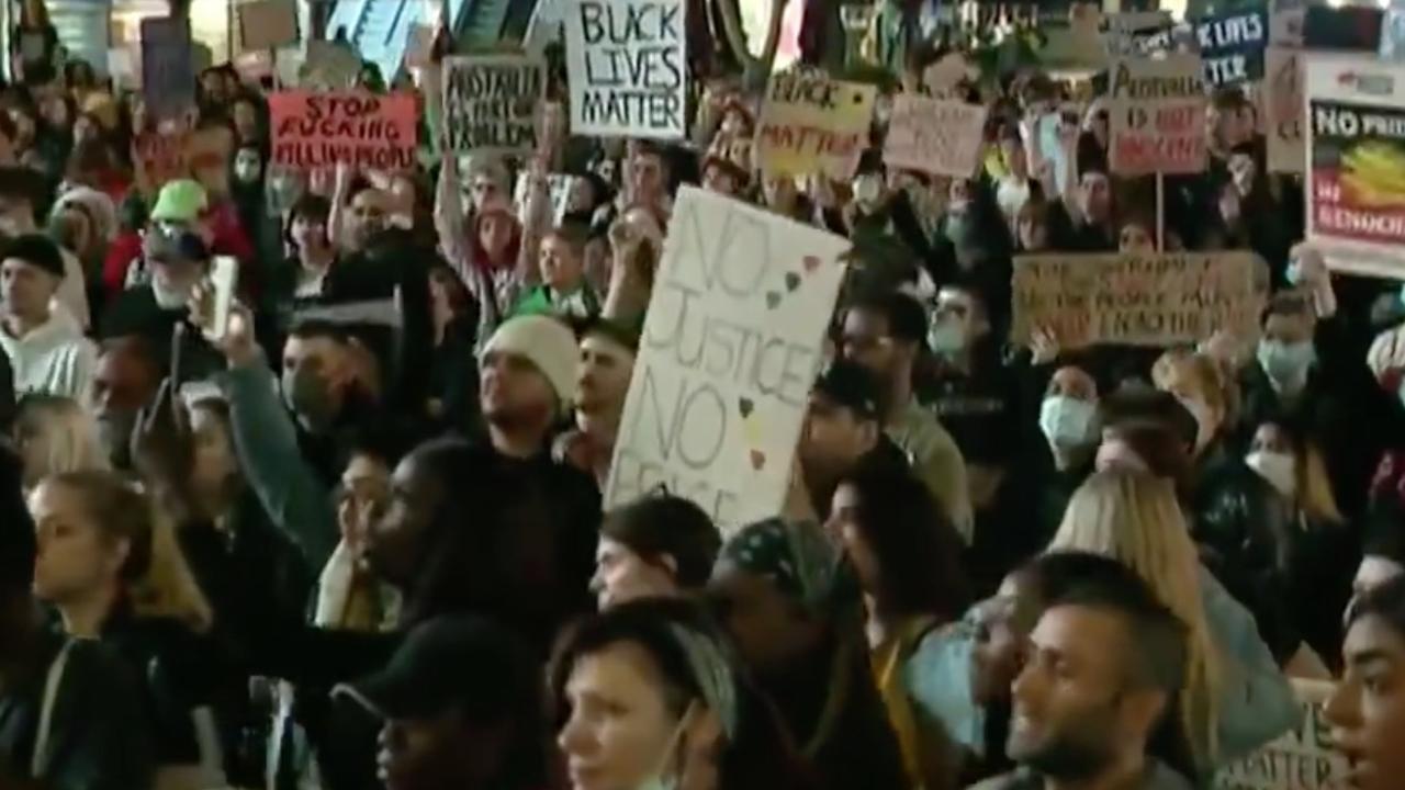 Hundreds of people packed into Perth’s CBD yesterday to liken police brutality in the United States to Aboriginal deaths in custody. Picture: Channel 10