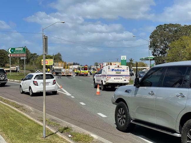 Emergency crews are at the scene of a truck and motorcycle crash on the Bruce Hwy at Monkland, near Gympie, on September 3, 2024. Picture: Scott Kovacevic