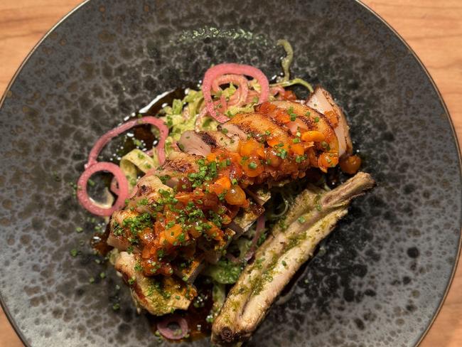 Pork chop with mustard slaw and salsa macha at Gilbert's Wine and Grill, Torrensville.